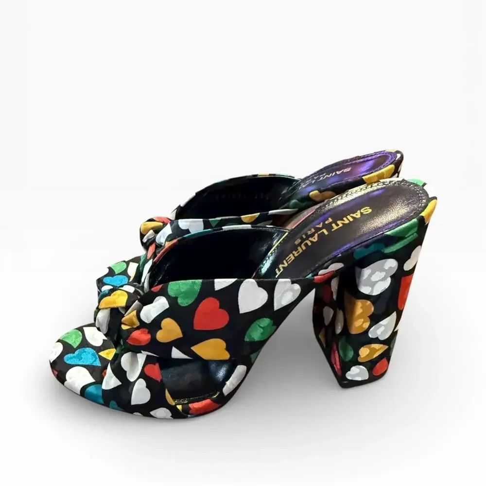Saint Laurent Bianca 100 Black Heart Knotted Mule Sandals Block Heel 36.5 US 6.5 - Picture 6 of 14